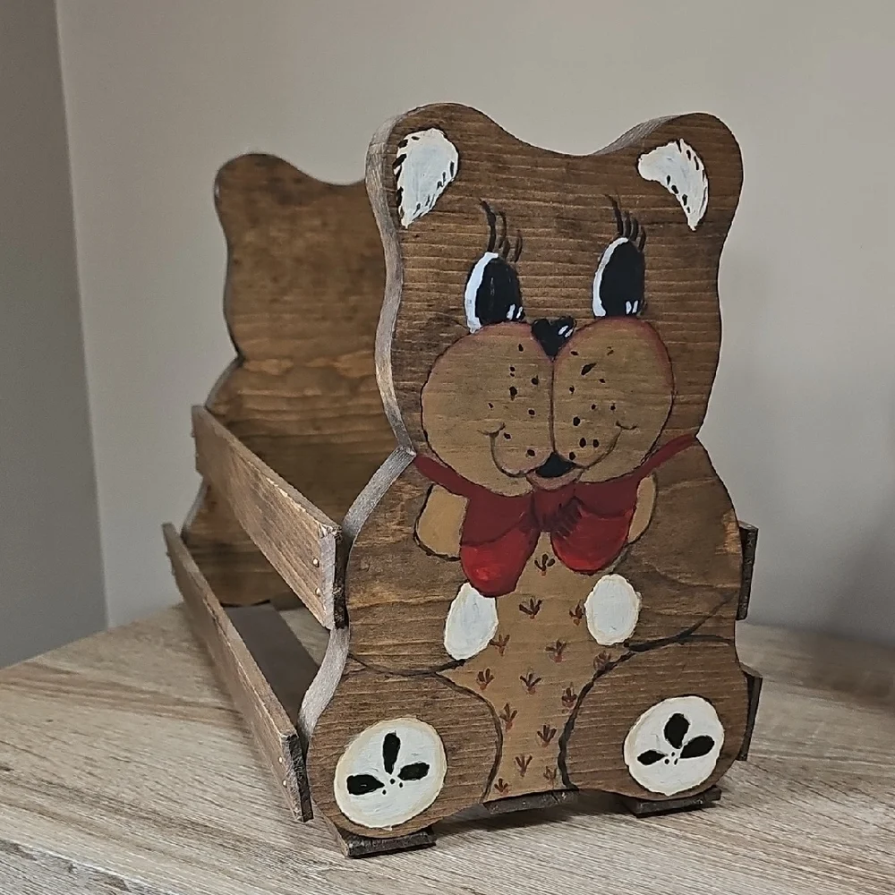 Hand-Painted Wooden Bear Organizer - Brown with Red Bow